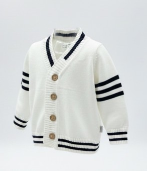 Cardigan tricotat pentru bebeluși – Alb cu dungi bleumarin