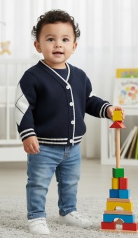 Cardigan tricotat pentru bebeluși – Bleumarin cu detalii albe