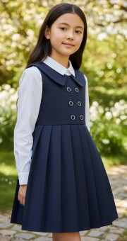Sarafan școlar bleumarin pentru fete – elegant, cu pliuri și nasturi decorativi