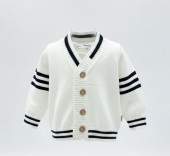 Cardigan tricotat pentru bebeluși – Alb cu dungi bleumarin
