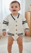 Cardigan tricotat pentru bebeluși – Alb cu dungi bleumarin